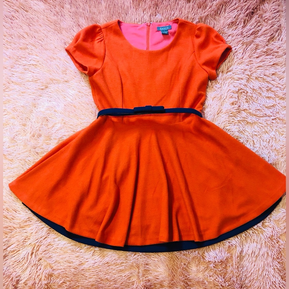 NWOT Gracia Double hem Orange/ Navy Fit and Flare Mini Tweed Dress. Size L